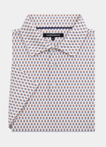 Printed Stretch Polo — Blue & Brown Pill Pattern, Buttery Smooth Fabric, Metal-Rimmed Buttons