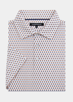 Printed Stretch Polo — Blue & Brown Pill Pattern, Buttery Smooth Fabric, Metal-Rimmed Buttons