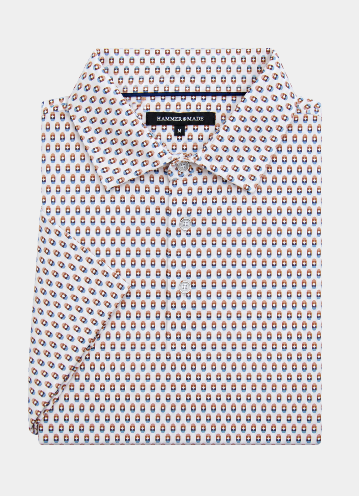 Printed Stretch Polo — Blue & Brown Pill Pattern, Buttery Smooth Fabric, Metal-Rimmed Buttons