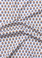 Printed Stretch Polo — Blue & Brown Pill Pattern, Buttery Smooth Fabric, Metal-Rimmed Buttons