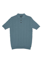 Short Sleeve Ribbed Cable Knit Polo — 3-Button Collar, Cotton-Modal Blend, Soft Touch