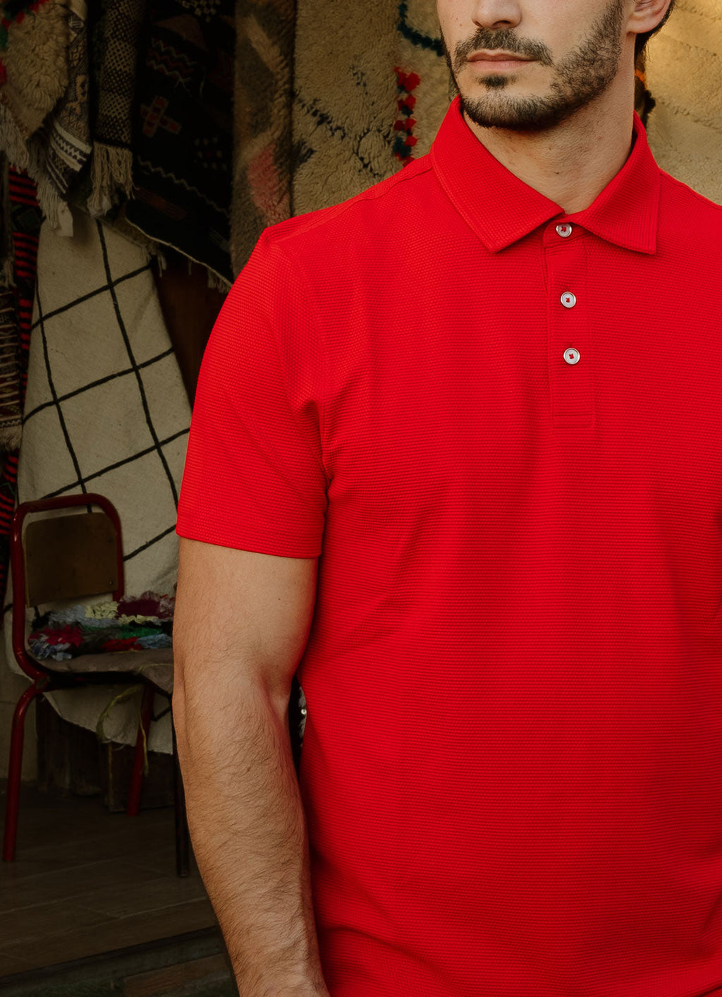 Pebble Jacquard Stretch Polo — Metal-Rimmed Buttons, Tonal Inner Yoke, Bungee Locker Loop