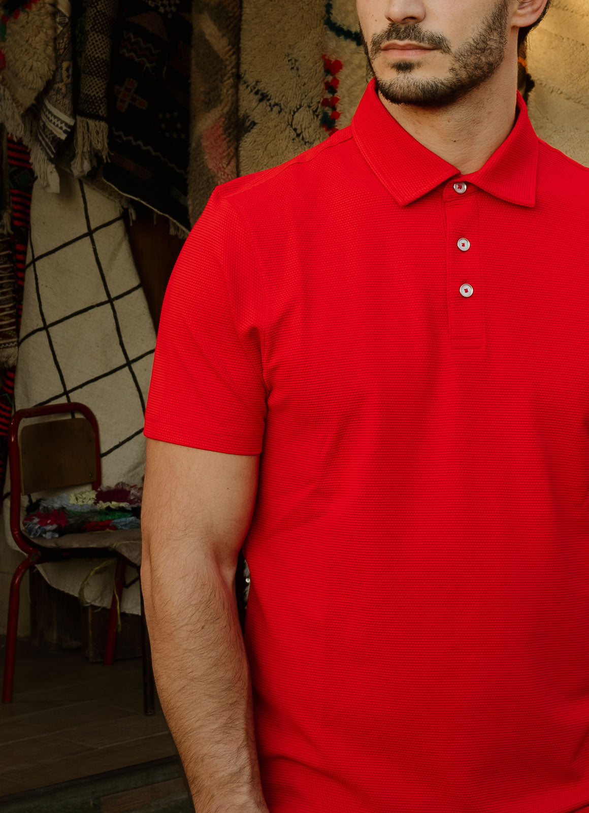 Pebble Jacquard Stretch Polo — Metal-Rimmed Buttons, Tonal Inner Yoke, Bungee Locker Loop