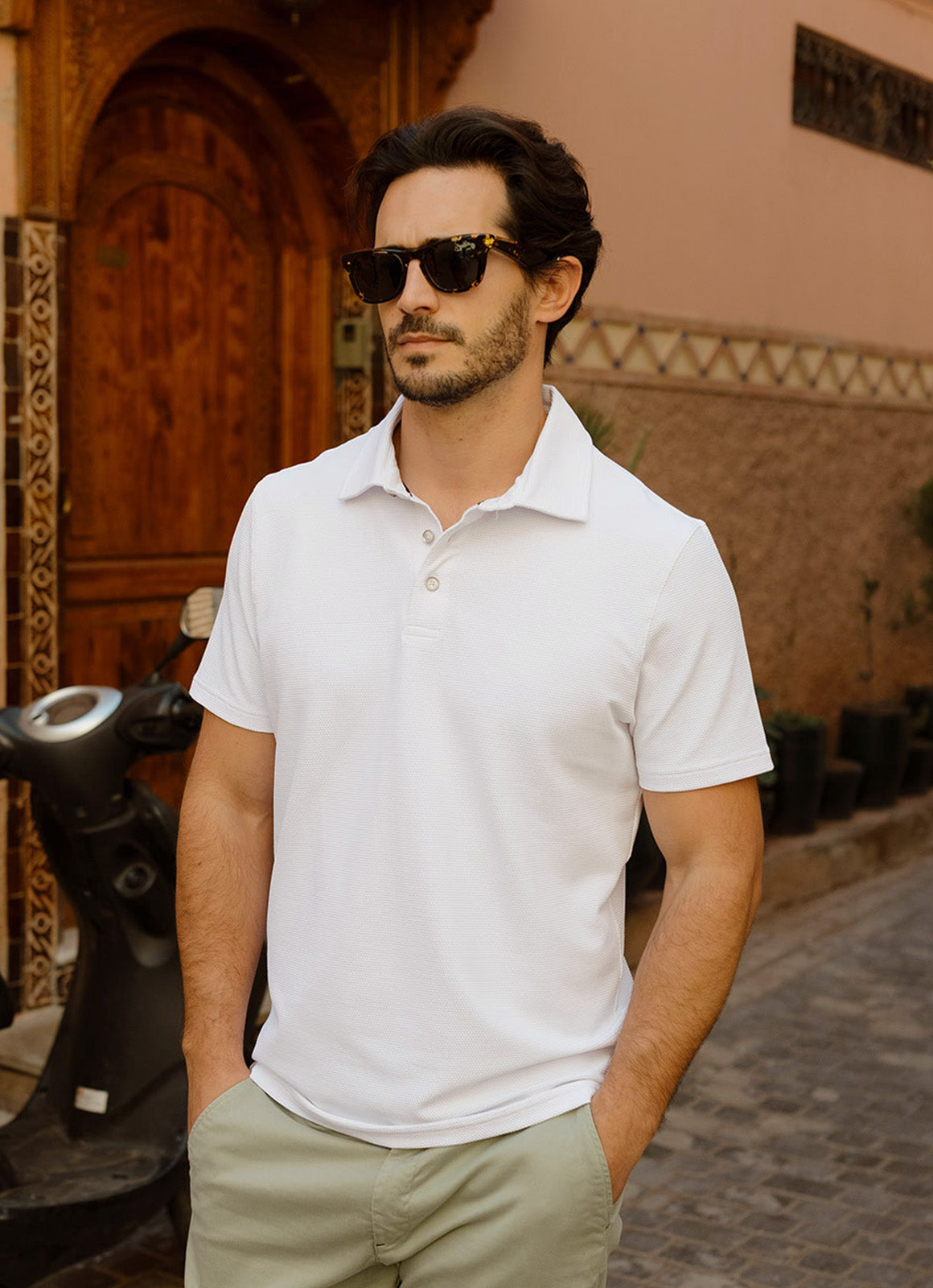 Pebble Jacquard Stretch Polo — Metal-Rimmed Buttons, Tonal Inner Yoke, Bungee Locker Loop