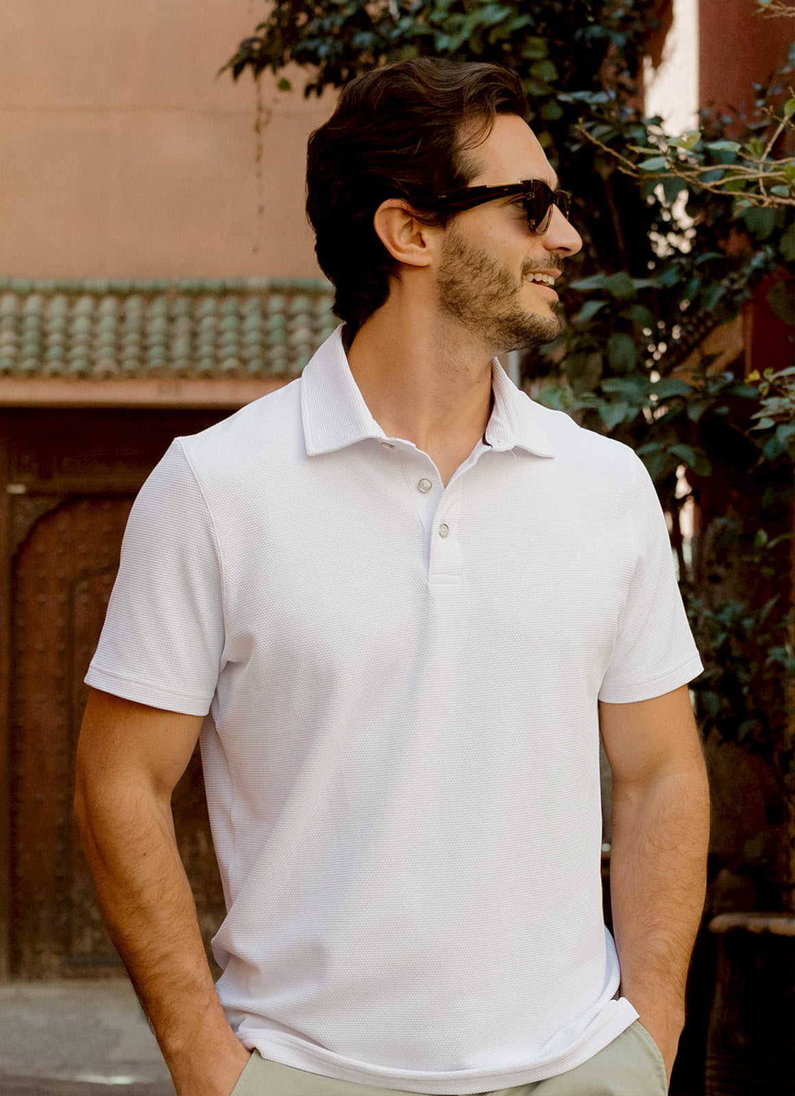 Pebble Jacquard Stretch Polo — Metal-Rimmed Buttons, Tonal Inner Yoke, Bungee Locker Loop