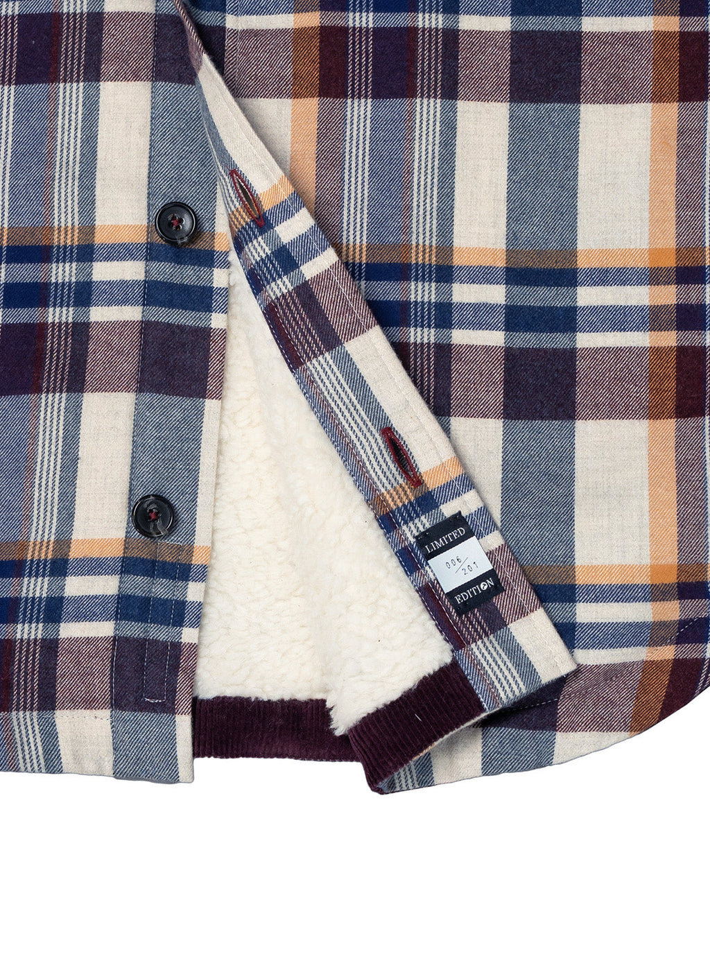 Plaid Sherpa-Lined Flannel Jacket — Cream Navy Burgundy, Double Chest Pockets, Cozy Warmth