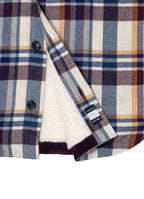 Plaid Sherpa-Lined Flannel Jacket — Cream Navy Burgundy, Double Chest Pockets, Cozy Warmth