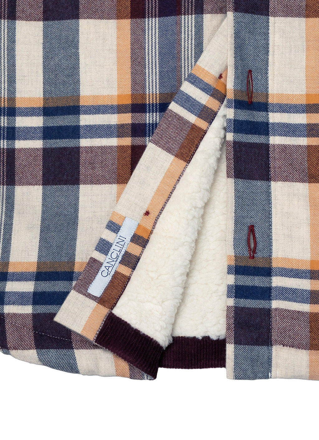 Plaid Sherpa-Lined Flannel Jacket — Cream Navy Burgundy, Double Chest Pockets, Cozy Warmth