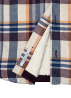 Plaid Sherpa-Lined Flannel Jacket — Cream Navy Burgundy, Double Chest Pockets, Cozy Warmth