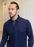 Long Sleeve Knit Polo in Navy — Micro Texture Pattern, Organic Cotton-Lyocell Blend