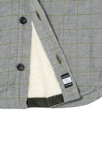 Grey & Green Plaid Sherpa-Lined Flannel Jacket — Double Chest Pockets, Lightweight Warmth
