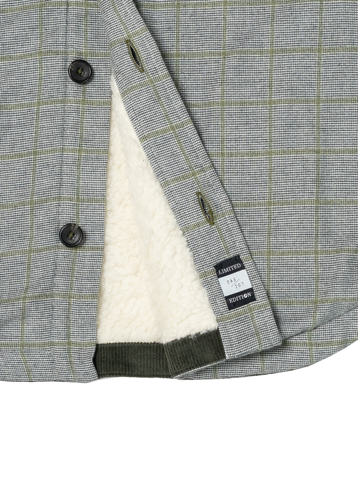 Grey & Green Plaid Sherpa-Lined Flannel Jacket — Double Chest Pockets, Lightweight Warmth