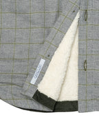Grey & Green Plaid Sherpa-Lined Flannel Jacket — Double Chest Pockets, Lightweight Warmth