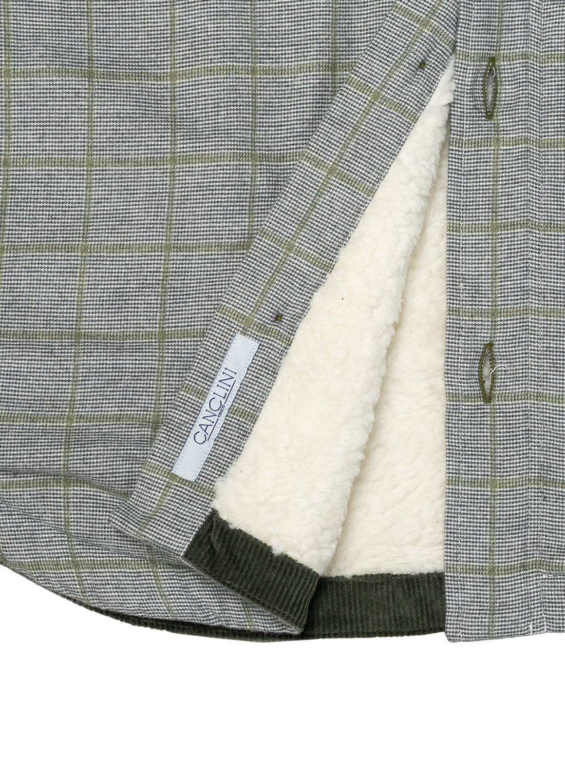 Grey & Green Plaid Sherpa-Lined Flannel Jacket — Double Chest Pockets, Lightweight Warmth