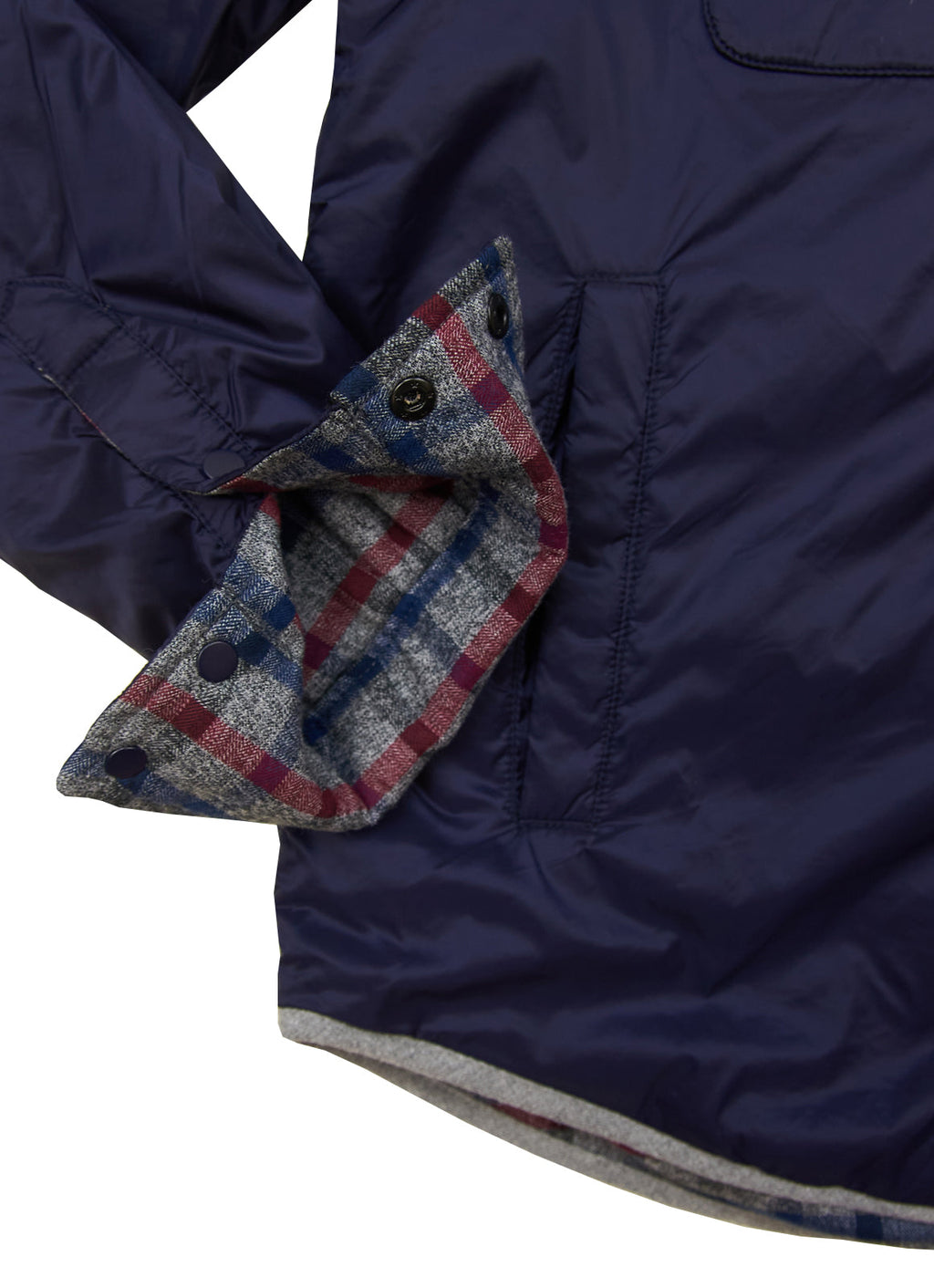 Reversible Jacket — Knit Plaid Inner & Navy Outer Shell, Double Front Pockets, Polished Finish