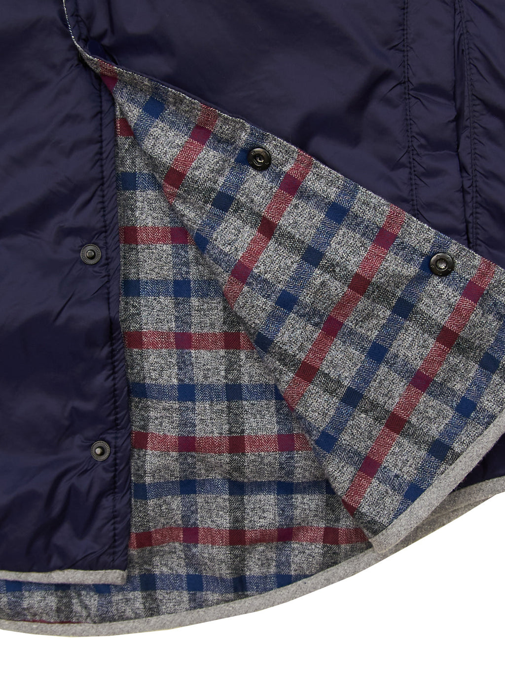 Reversible Jacket — Knit Plaid Inner & Navy Outer Shell, Double Front Pockets, Polished Finish