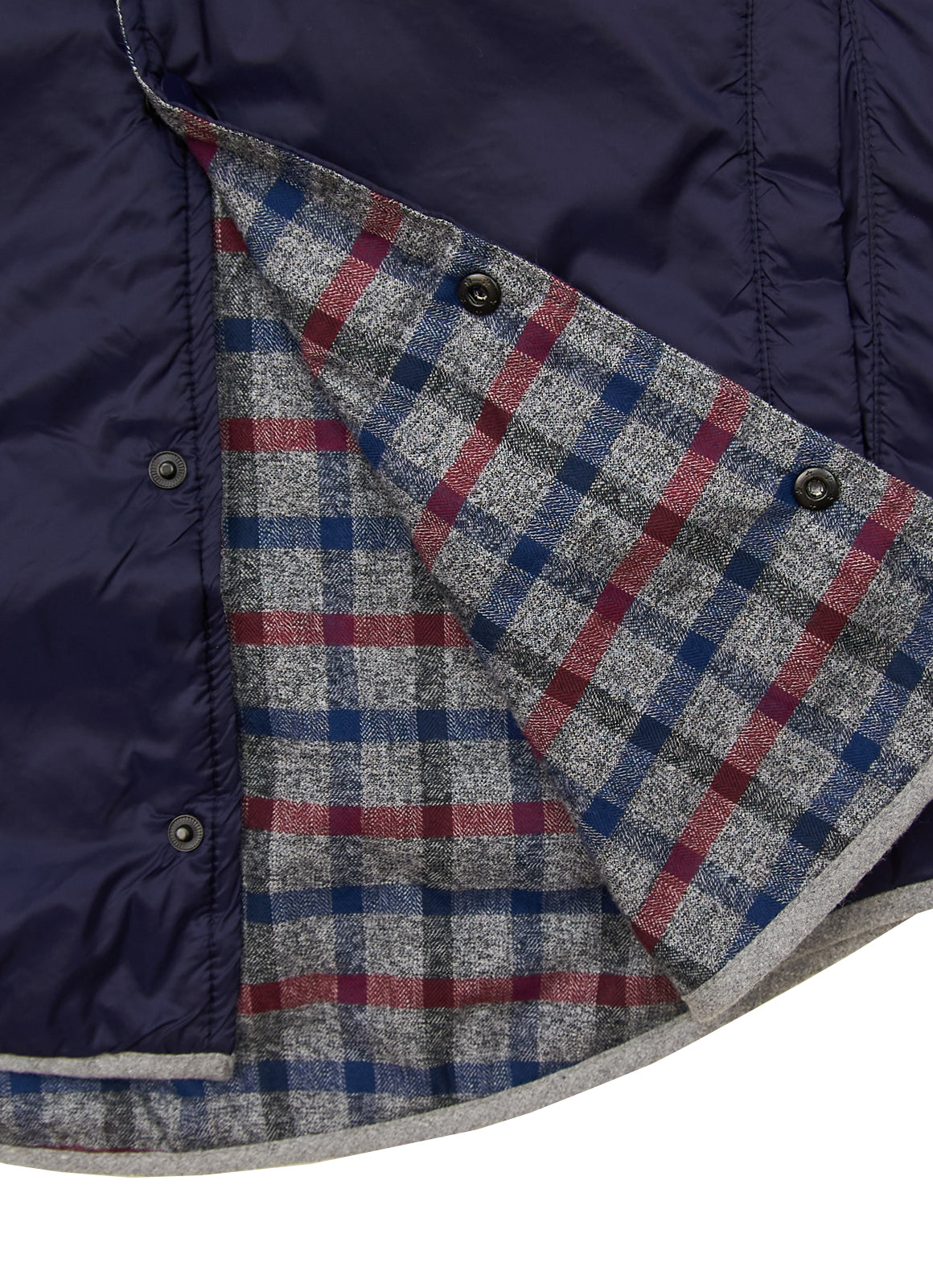 Reversible Jacket — Knit Plaid Inner & Navy Outer Shell, Double Front Pockets, Polished Finish