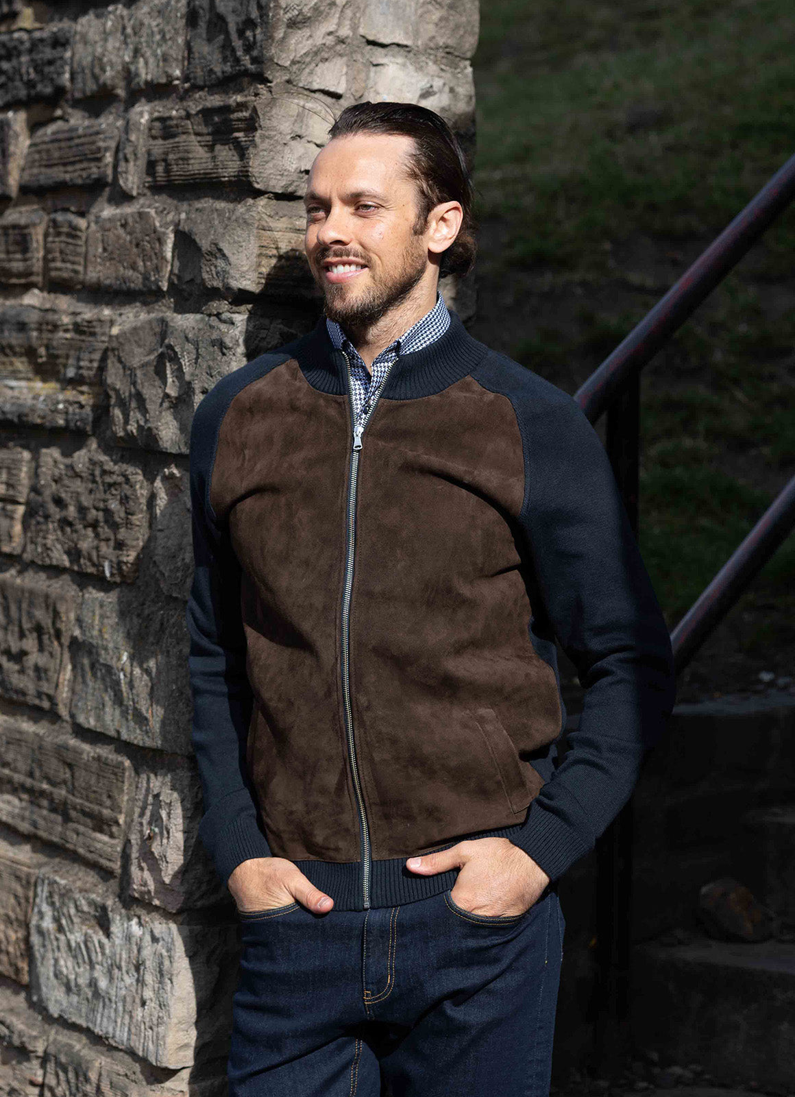 Full-Zip Cashmere Blend Bomber Jacket — Navy, Suede Front, Luxurious Warmth