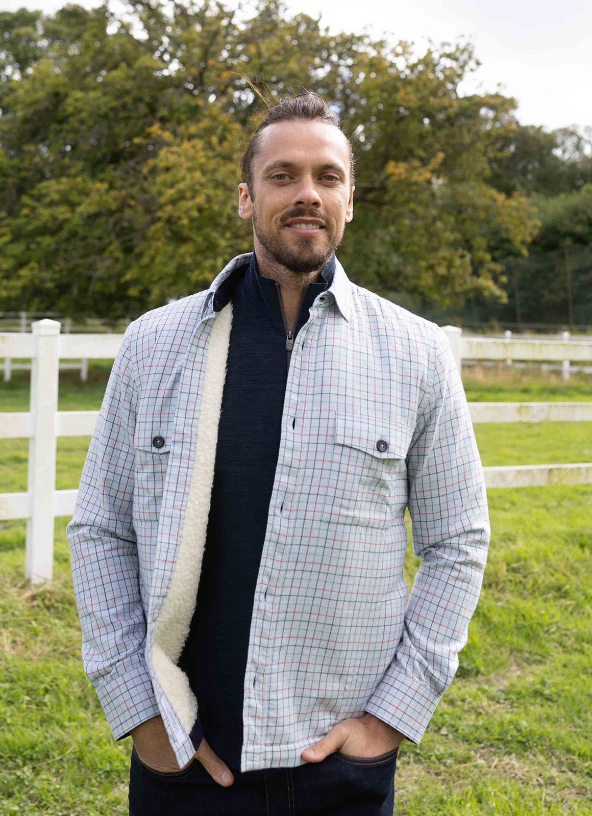 Light Blue Plaid Sherpa-Lined Flannel Jacket — Double Chest Pockets, Cozy Seasonal Layer