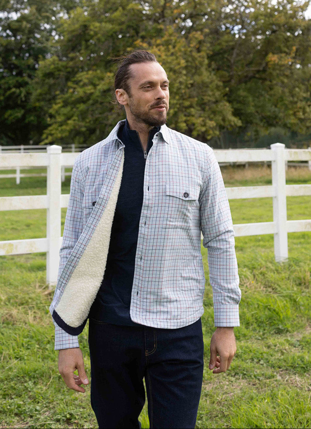 Light Blue Plaid Sherpa-Lined Flannel Jacket — Double Chest Pockets, Cozy Seasonal Layer