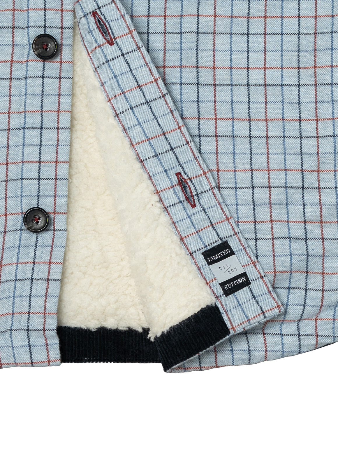 Light Blue Plaid Sherpa-Lined Flannel Jacket — Double Chest Pockets, Cozy Seasonal Layer