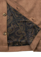 Double-Breasted Vegan Suede Jacket — Paisley Satin Lining, Buttery Soft Brown Shell