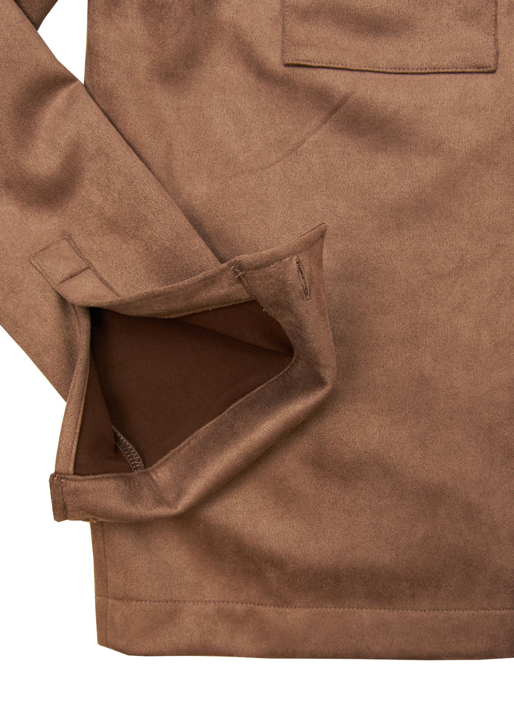 Double-Breasted Vegan Suede Jacket — Paisley Satin Lining, Buttery Soft Brown Shell