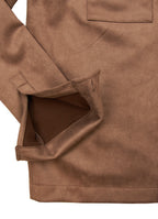 Double-Breasted Vegan Suede Jacket — Paisley Satin Lining, Buttery Soft Brown Shell
