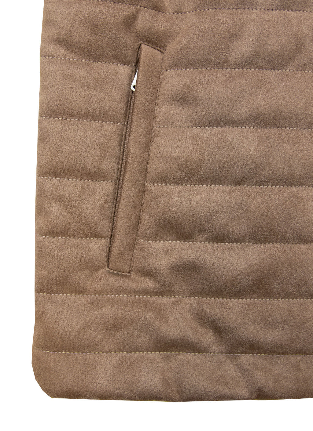 Khaki Vegan Suede Vest — European Craftsmanship, Contrasting Interior Lining, Metal Zip Pull