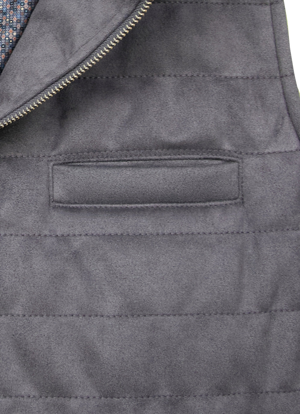Grey Vegan Suede Vest — European Craftsmanship, Contrasting Interior Lining, Metal Zip Pull
