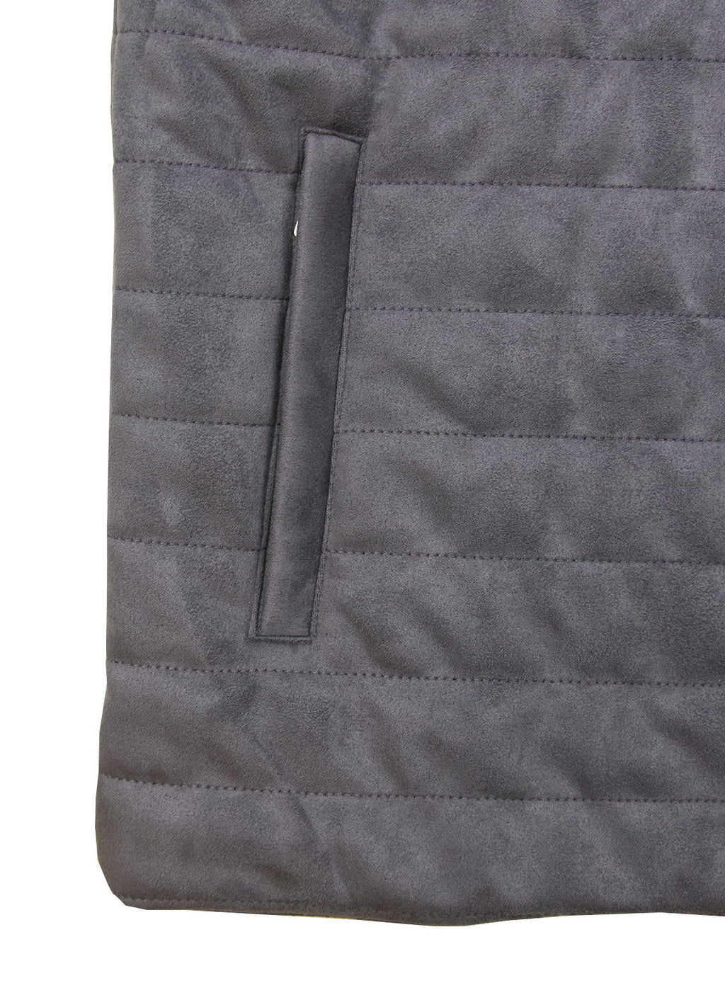 Grey Vegan Suede Vest — European Craftsmanship, Contrasting Interior Lining, Metal Zip Pull