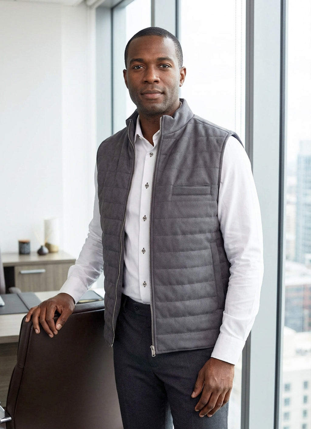 Grey Vegan Suede Vest — European Craftsmanship, Contrasting Interior Lining, Metal Zip Pull