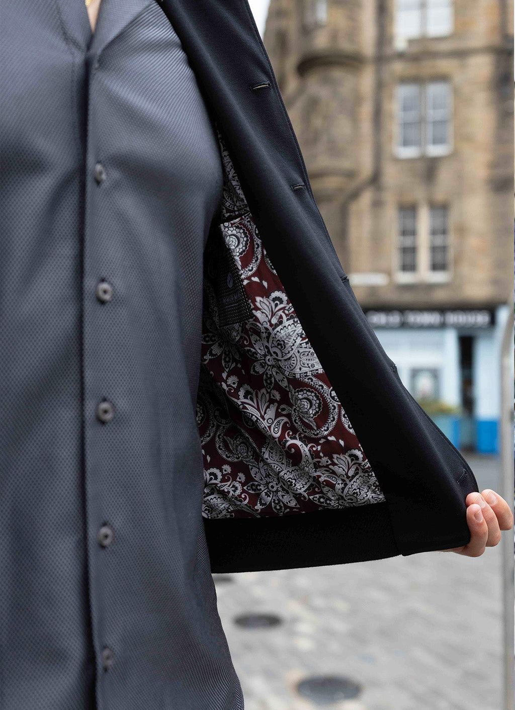 Full Button-Up Bomber Jacket — Black Exterior, Red & White Paisley Interior, Outer & Inner Pockets