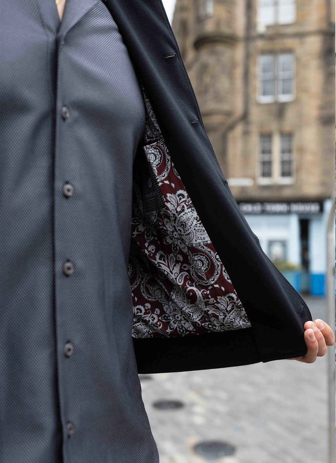 Full Button-Up Bomber Jacket — Black Exterior, Red & White Paisley Interior, Outer & Inner Pockets