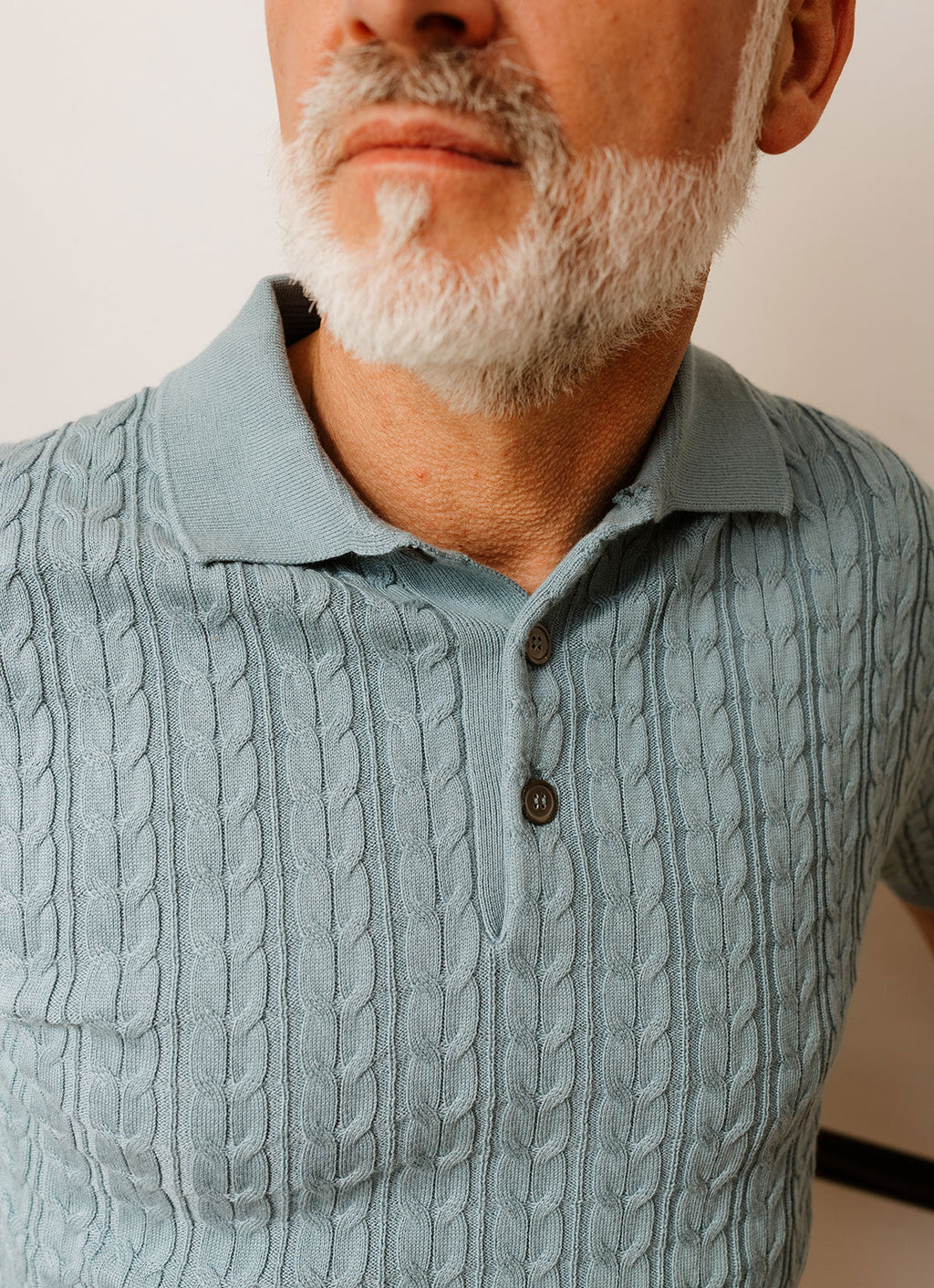 Short Sleeve Ribbed Cable Knit Polo — 3-Button Collar, Cotton-Modal Blend, Soft Touch
