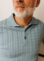 Short Sleeve Ribbed Cable Knit Polo — 3-Button Collar, Cotton-Modal Blend, Soft Touch