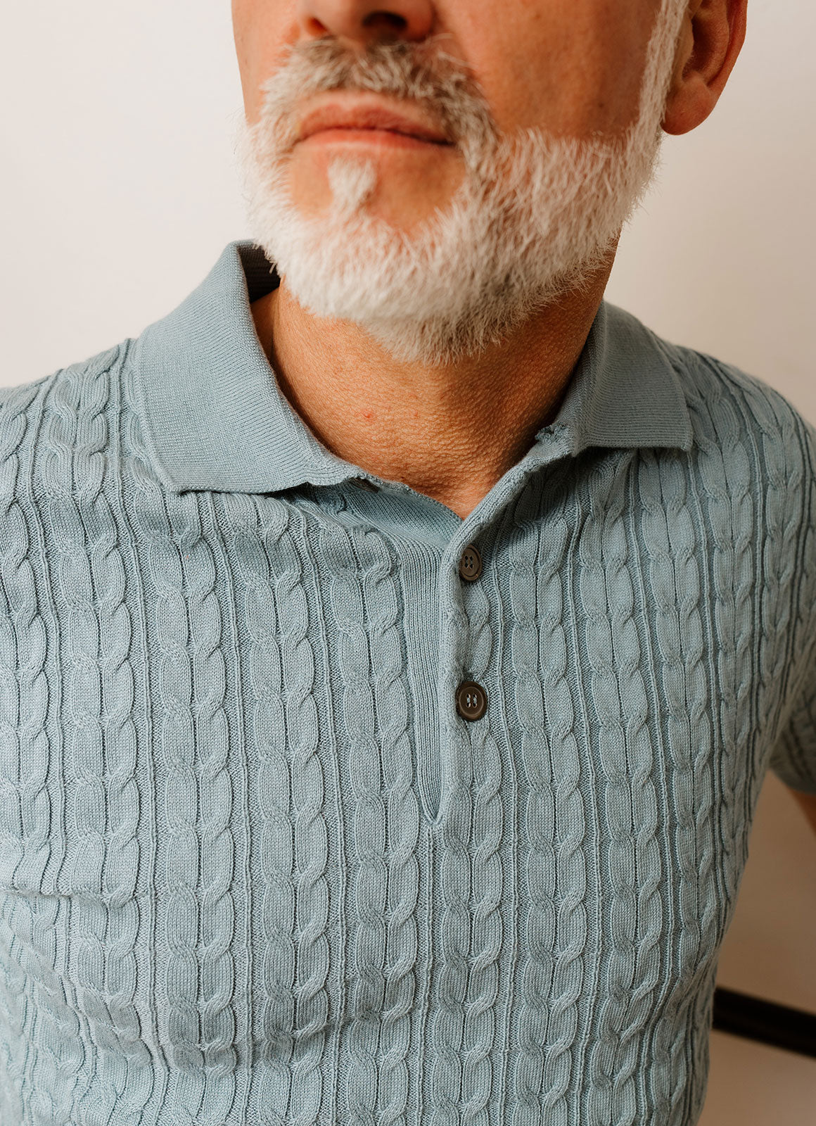 Short Sleeve Ribbed Cable Knit Polo — 3-Button Collar, Cotton-Modal Blend, Soft Touch