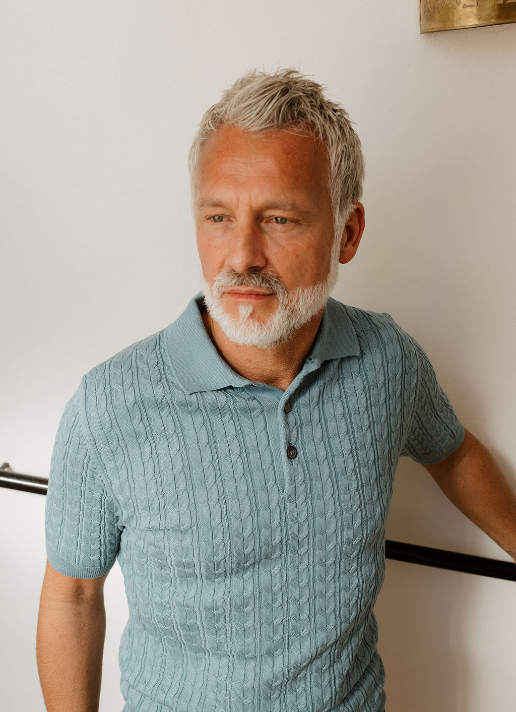 Short Sleeve Ribbed Cable Knit Polo — 3-Button Collar, Cotton-Modal Blend, Soft Touch