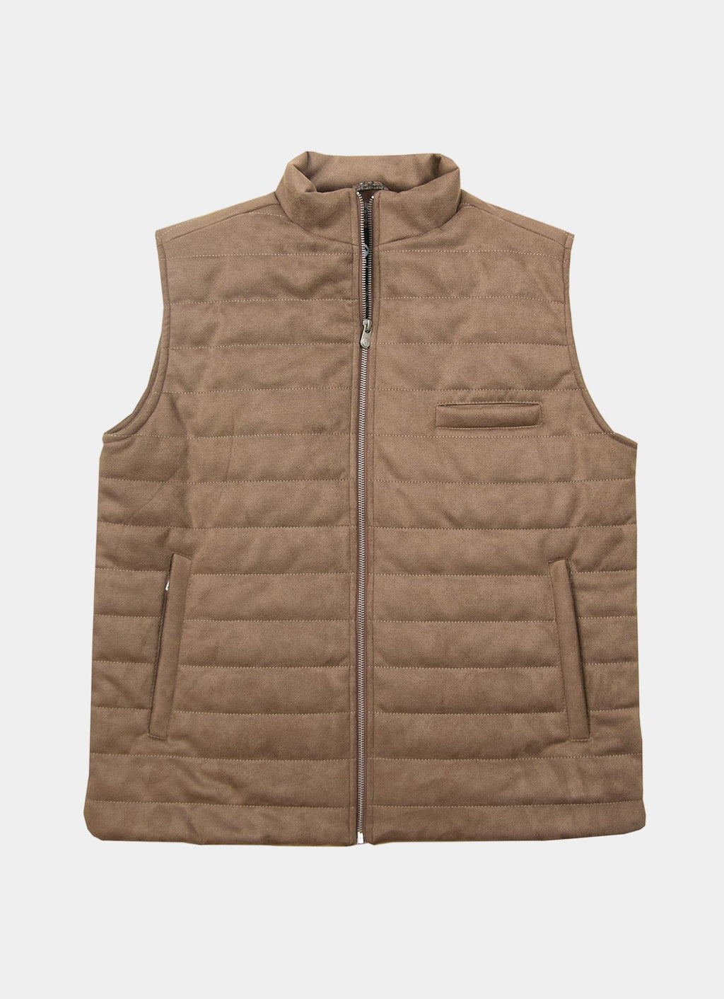 Khaki Vegan Suede Vest — European Craftsmanship, Contrasting Interior Lining, Metal Zip Pull