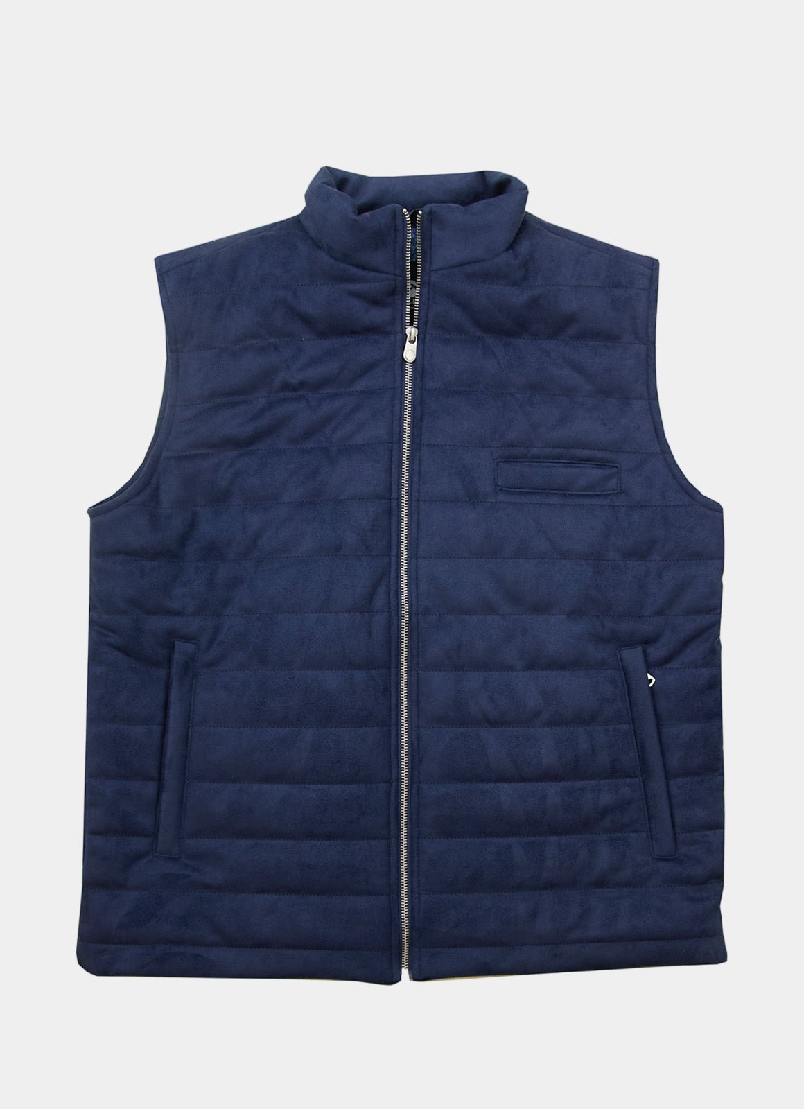 Navy Vegan Suede Vest — European Craftsmanship, Contrasting Interior Lining, Metal Zip Pull