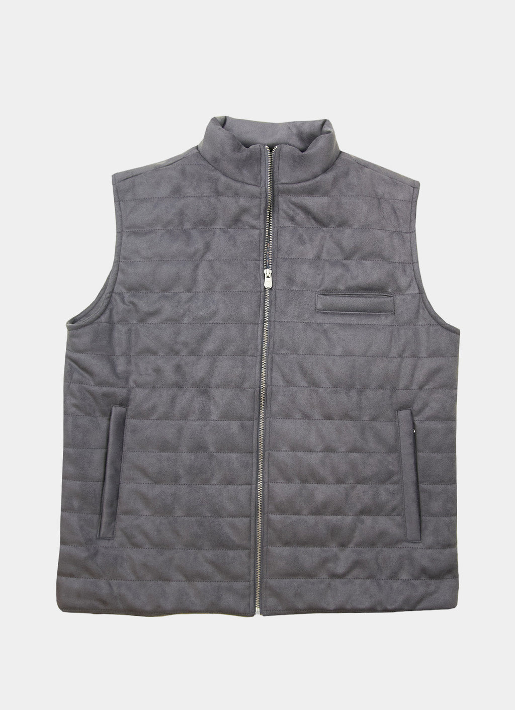 Grey Vegan Suede Vest — European Craftsmanship, Contrasting Interior Lining, Metal Zip Pull