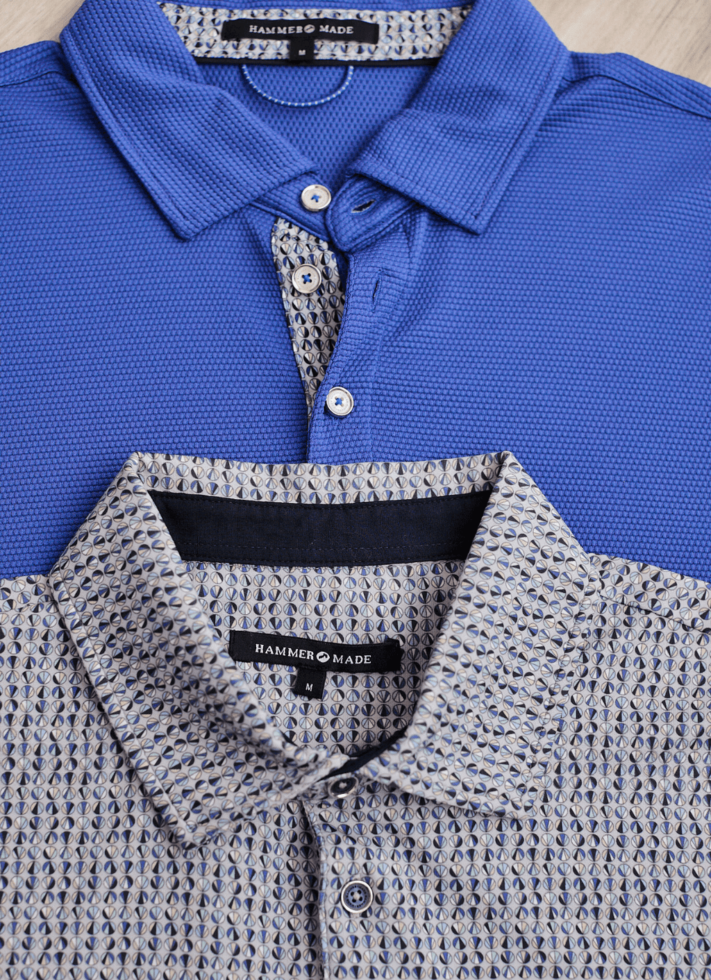 Short Sleeve Stretch Polo — Circle Pattern, Soft Smooth Fabric, Metal-Rimmed Buttons