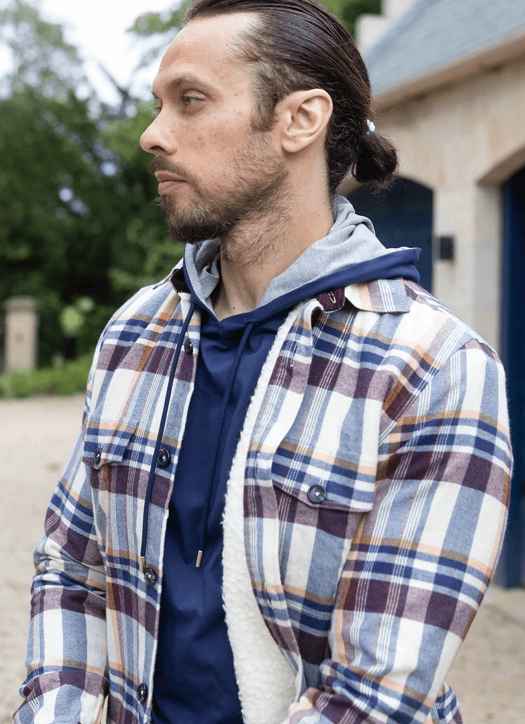 Plaid Sherpa-Lined Flannel Jacket — Cream Navy Burgundy, Double Chest Pockets, Cozy Warmth