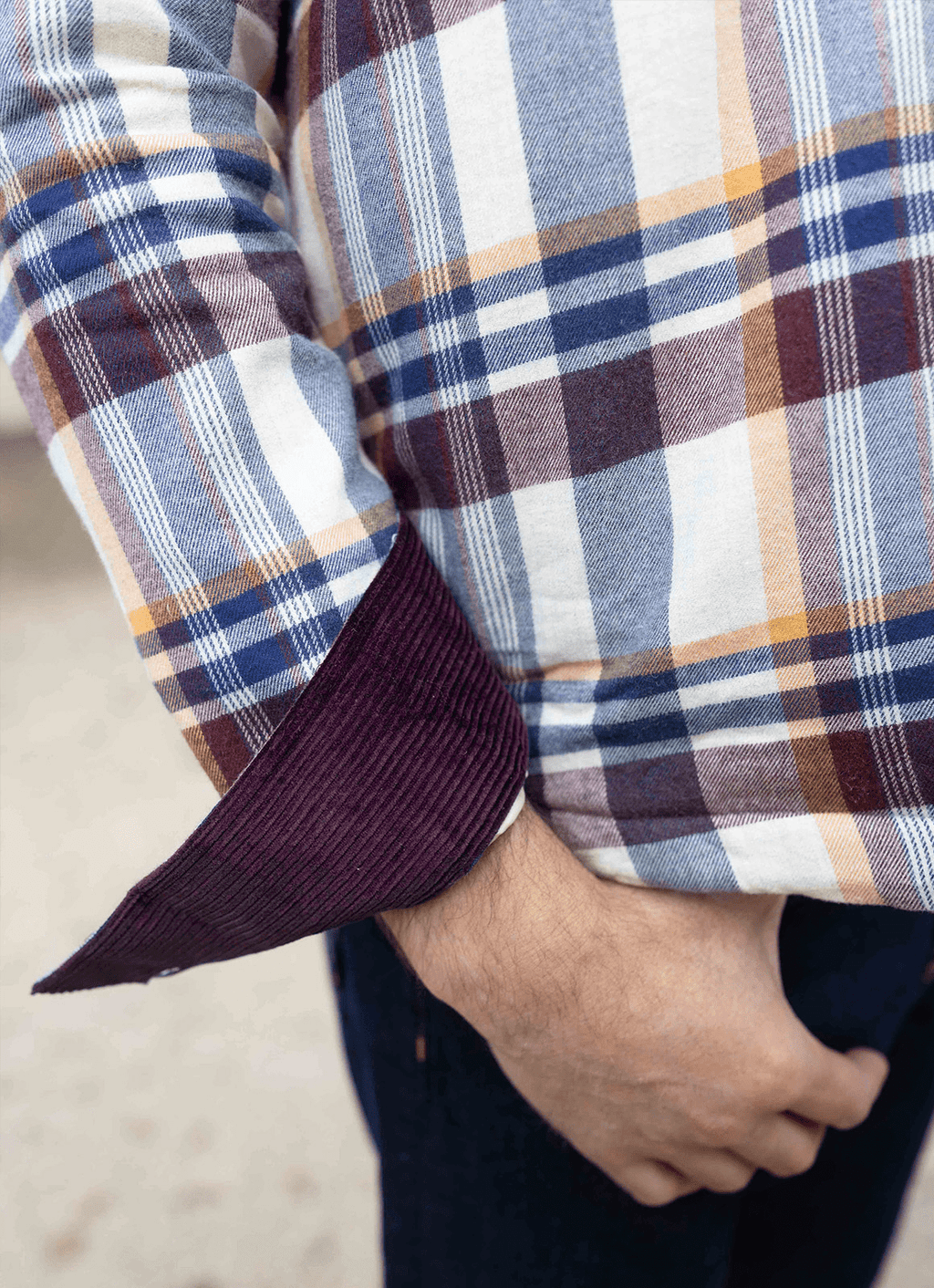 Plaid Sherpa-Lined Flannel Jacket — Cream Navy Burgundy, Double Chest Pockets, Cozy Warmth
