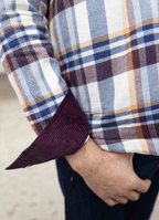 Plaid Sherpa-Lined Flannel Jacket — Cream Navy Burgundy, Double Chest Pockets, Cozy Warmth
