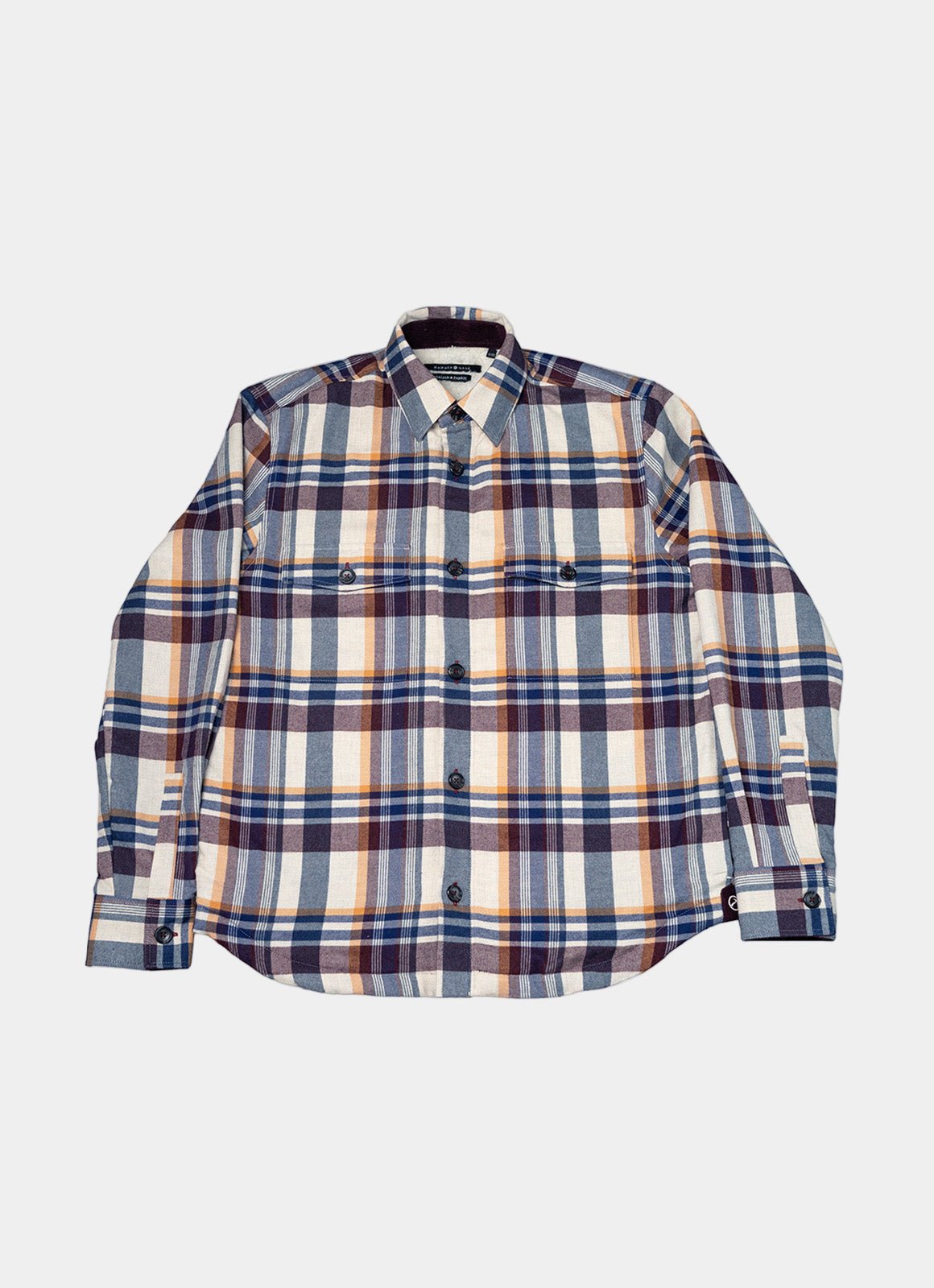 Plaid Sherpa-Lined Flannel Jacket — Cream Navy Burgundy, Double Chest Pockets, Cozy Warmth