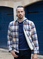 Plaid Sherpa-Lined Flannel Jacket — Cream Navy Burgundy, Double Chest Pockets, Cozy Warmth