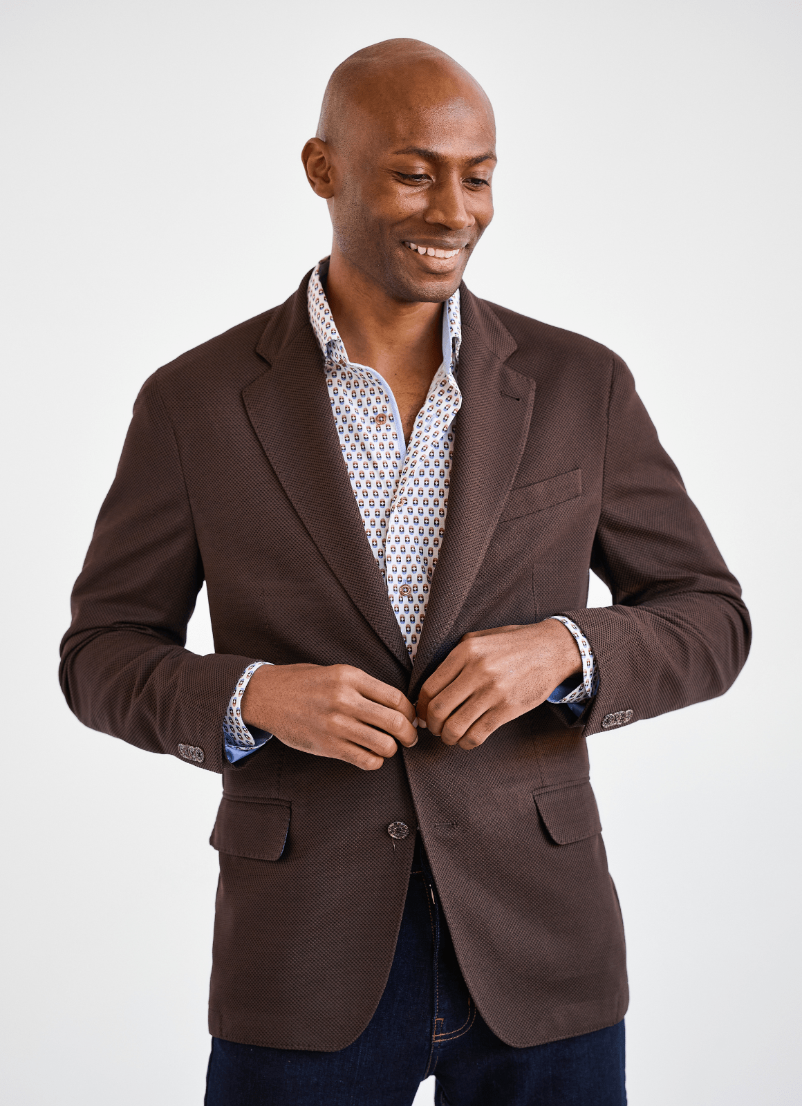 Tailored Sport Coat in Brown — Stretch Fabric, Phone Pocket, Notched Lapel, Side Vents