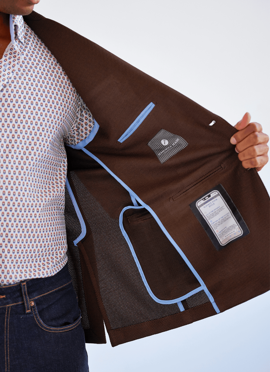 Tailored Sport Coat in Brown — Stretch Fabric, Phone Pocket, Notched Lapel, Side Vents