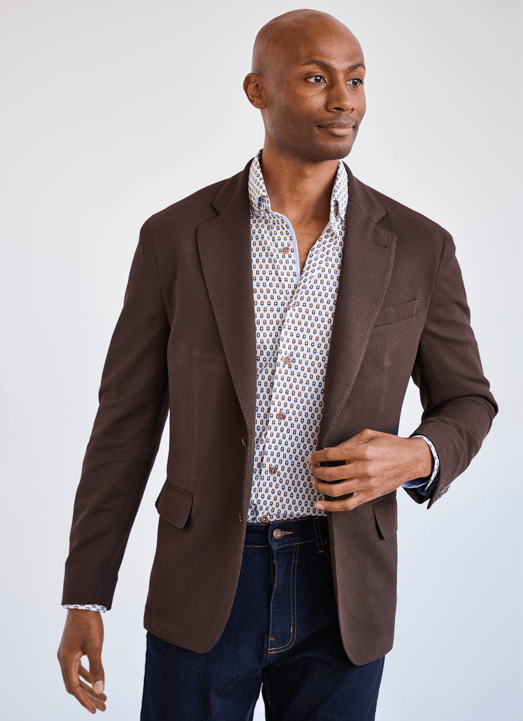 Tailored Sport Coat in Brown — Stretch Fabric, Phone Pocket, Notched Lapel, Side Vents